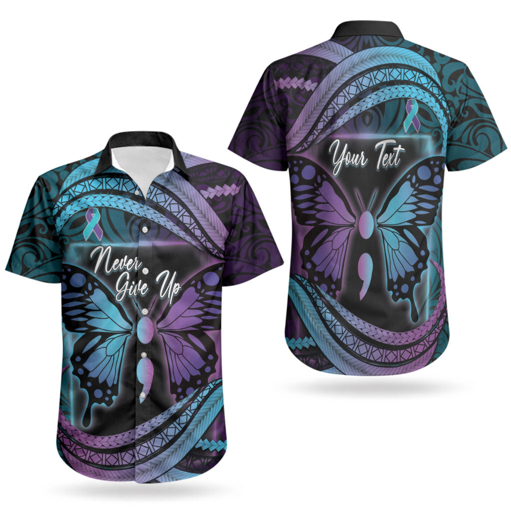 Personalised Polynesia Suicide Prevention Month Couples Matching Long Sleeve Bodycon Dress and Hawaiian Shirt Semicolon Butterfly Never Give Up Polynesian Pattern LT22 - Polynesian Pride