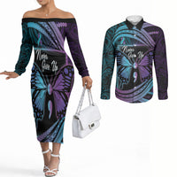 Personalised Polynesia Suicide Prevention Month Couples Matching Off The Shoulder Long Sleeve Dress and Long Sleeve Button Shirt Semicolon Butterfly Never Give Up Polynesian Pattern LT22 Teal - Polynesian Pride