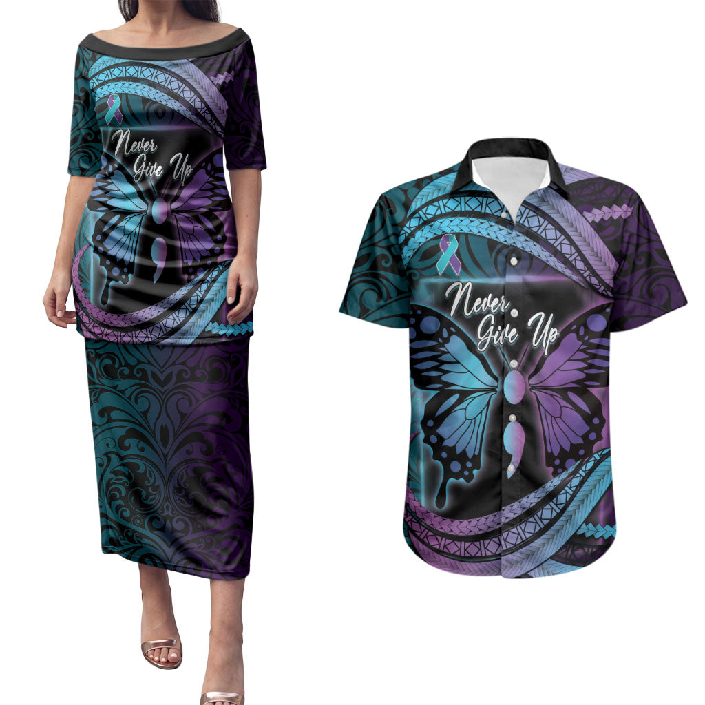 Personalised Polynesia Suicide Prevention Month Couples Matching Puletasi and Hawaiian Shirt Semicolon Butterfly Never Give Up Polynesian Pattern LT22 Teal - Polynesian Pride