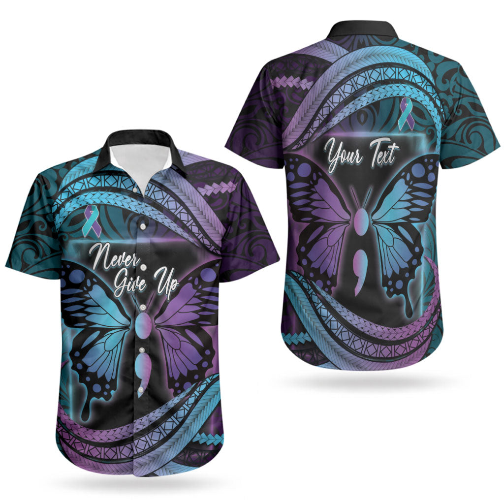 Personalised Polynesia Suicide Prevention Month Couples Matching Short Sleeve Bodycon Dress and Hawaiian Shirt Semicolon Butterfly Never Give Up Polynesian Pattern LT22 - Polynesian Pride