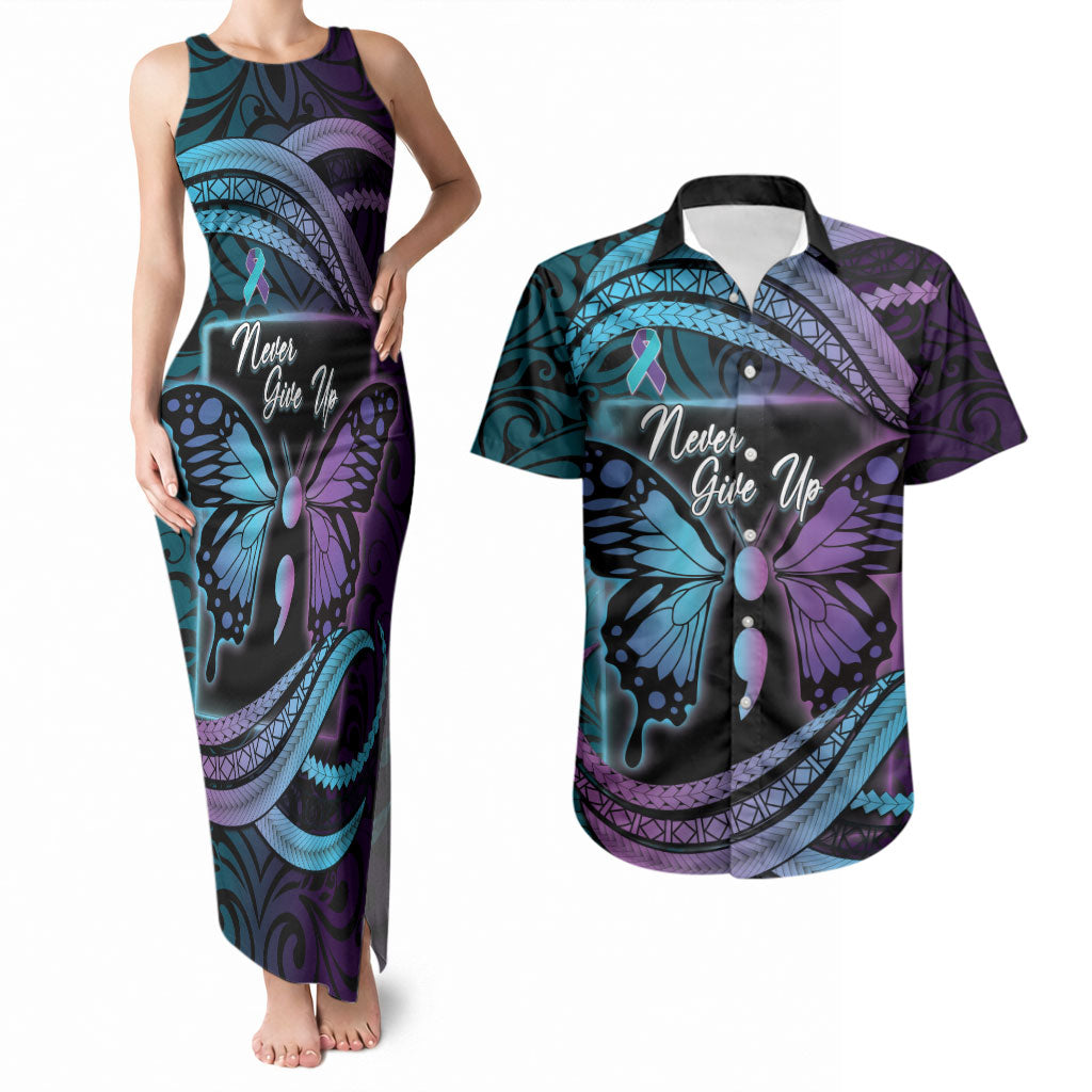 Personalised Polynesia Suicide Prevention Month Couples Matching Tank Maxi Dress and Hawaiian Shirt Semicolon Butterfly Never Give Up Polynesian Pattern LT22 Teal - Polynesian Pride