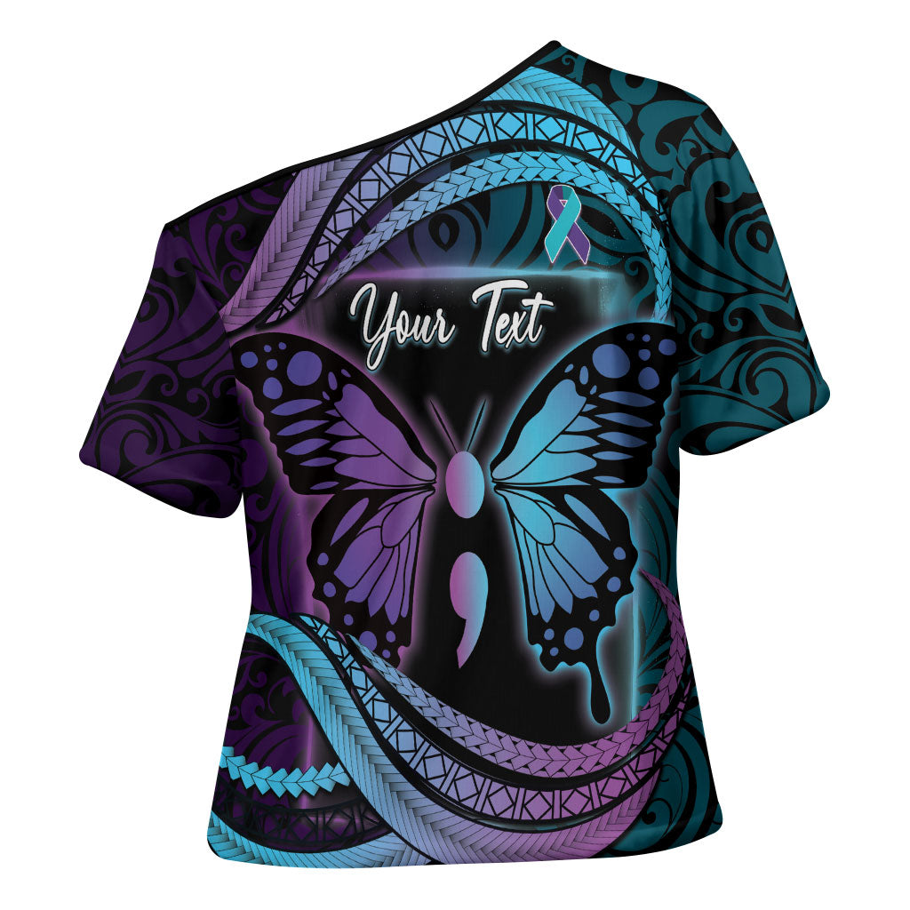 Personalised Polynesia Suicide Prevention Month Cross Shoulder Shirt Semicolon Butterfly Never Give Up Polynesian Pattern LT22 - Polynesian Pride