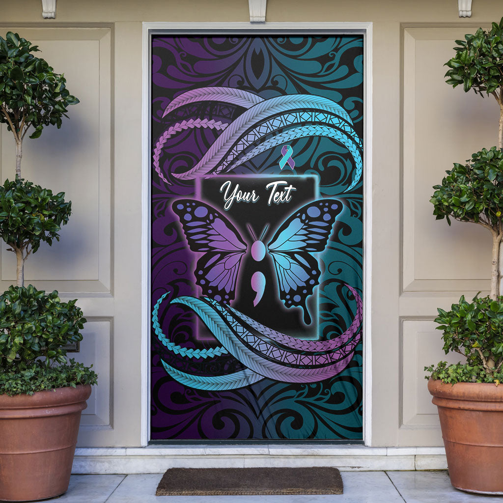 Personalised Polynesia Suicide Prevention Month Door Cover Semicolon Butterfly Never Give Up Polynesian Pattern
