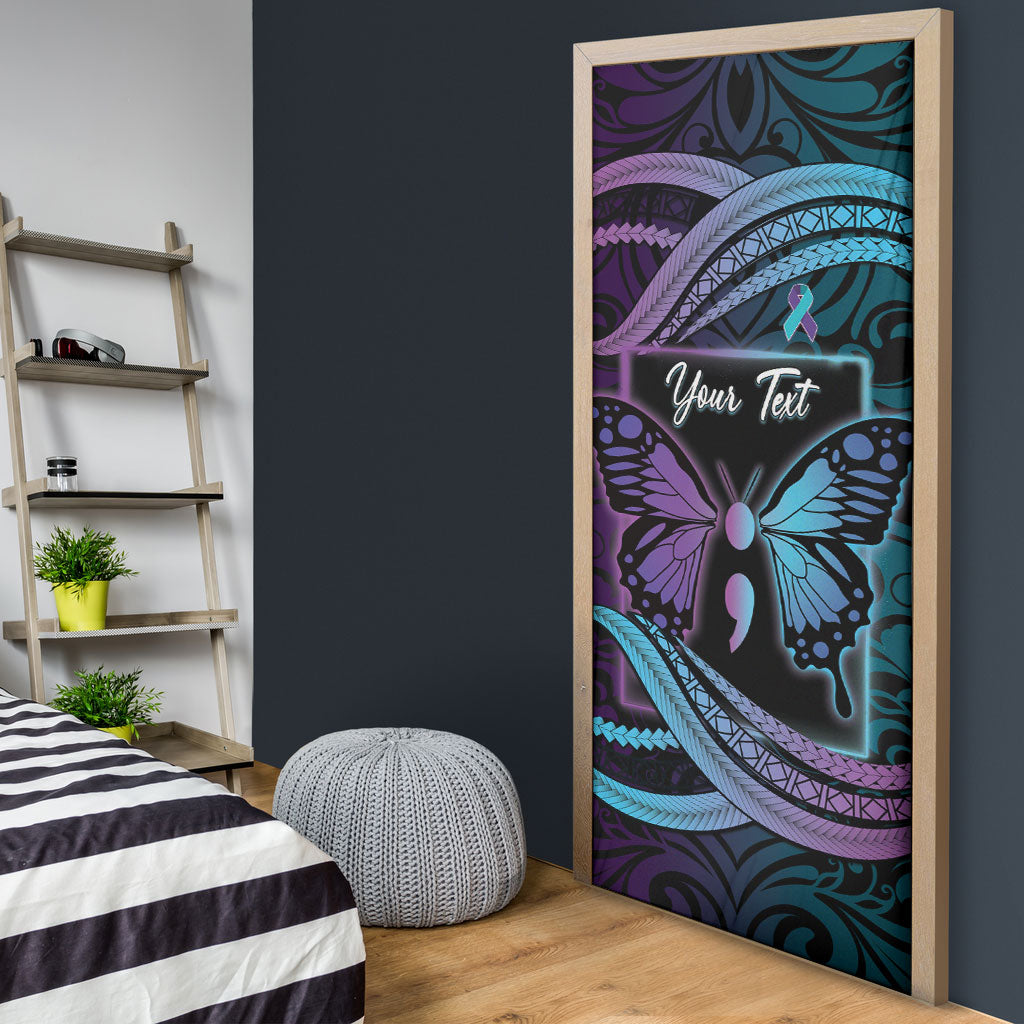 Personalised Polynesia Suicide Prevention Month Door Cover Semicolon Butterfly Never Give Up Polynesian Pattern LT22 - Polynesian Pride