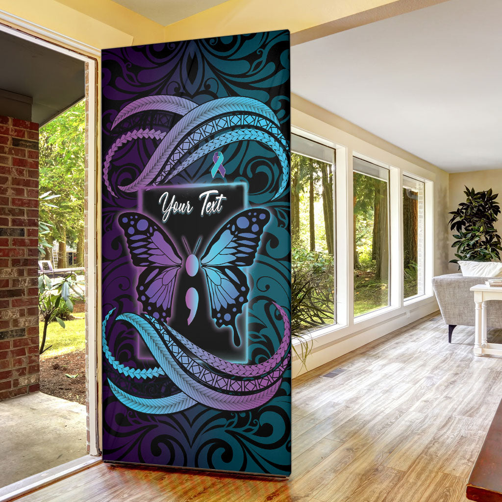 Personalised Polynesia Suicide Prevention Month Door Cover Semicolon Butterfly Never Give Up Polynesian Pattern LT22 - Polynesian Pride