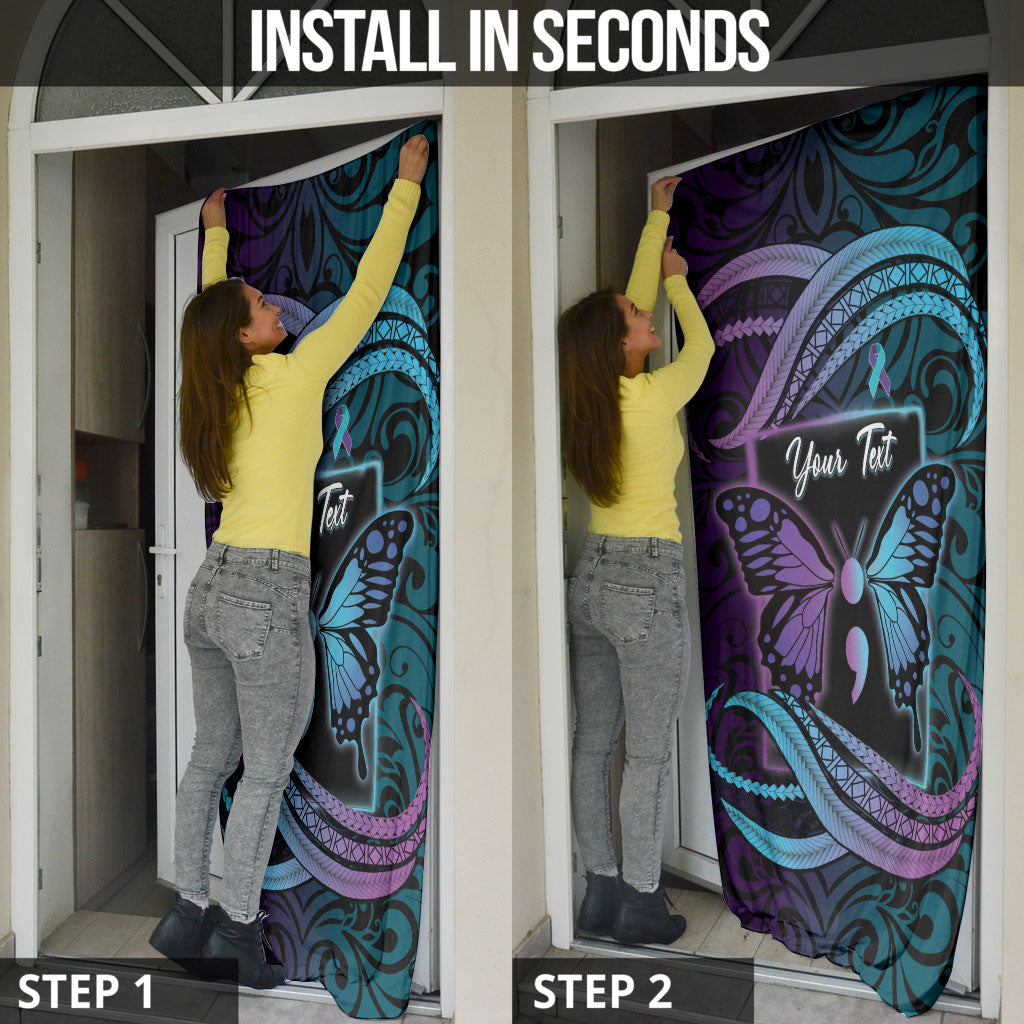 Personalised Polynesia Suicide Prevention Month Door Cover Semicolon Butterfly Never Give Up Polynesian Pattern LT22 - Polynesian Pride