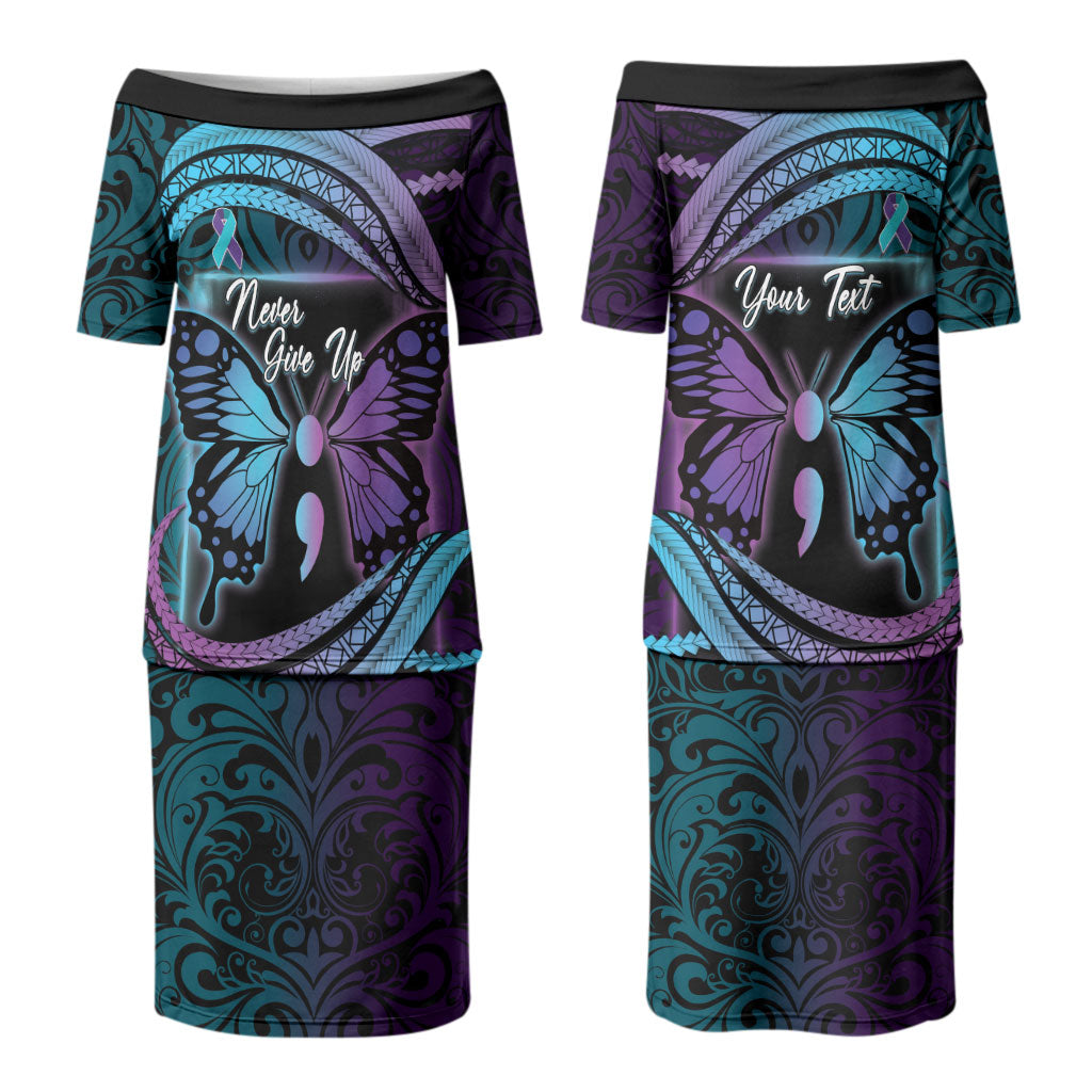 Personalised Polynesia Suicide Prevention Month Family Matching Puletasi and Hawaiian Shirt Semicolon Butterfly Never Give Up Polynesian Pattern LT22 Mom's Dress Teal - Polynesian Pride