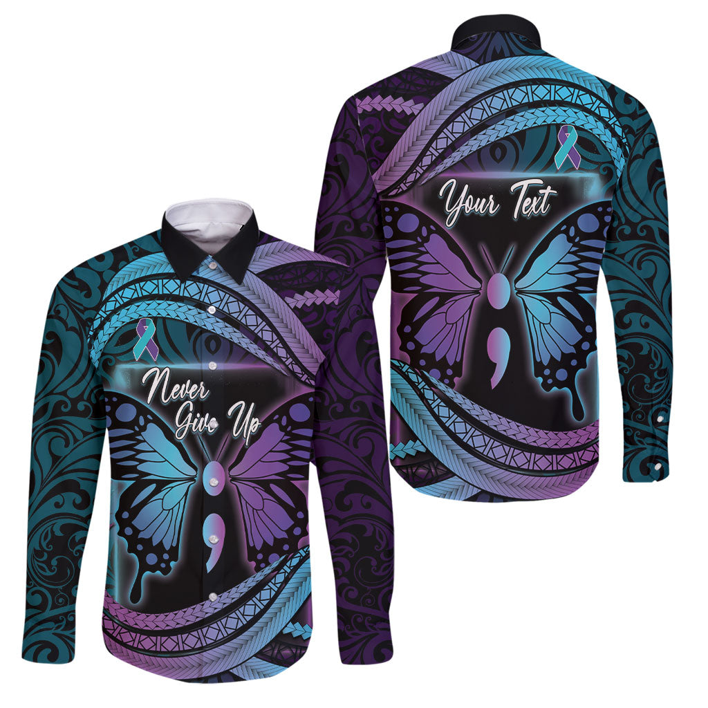 Personalised Polynesia Suicide Prevention Month Family Matching Puletasi and Hawaiian Shirt Semicolon Butterfly Never Give Up Polynesian Pattern LT22 Dad's Shirt - Long Sleeve Teal - Polynesian Pride