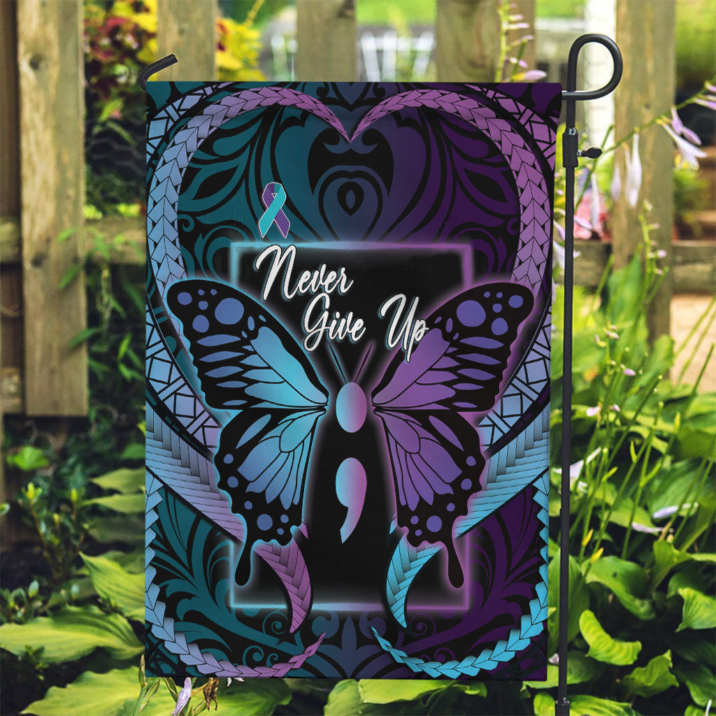 Polynesia Suicide Prevention Month Garden Flag Semicolon Butterfly Never Give Up Polynesian Pattern LT22 Garden Flag Teal - Polynesian Pride