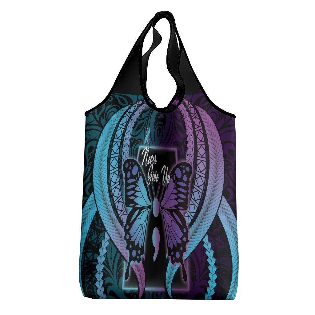 Polynesia Suicide Prevention Month Grocery Bag Semicolon Butterfly Never Give Up Polynesian Pattern LT22 - Polynesian Pride