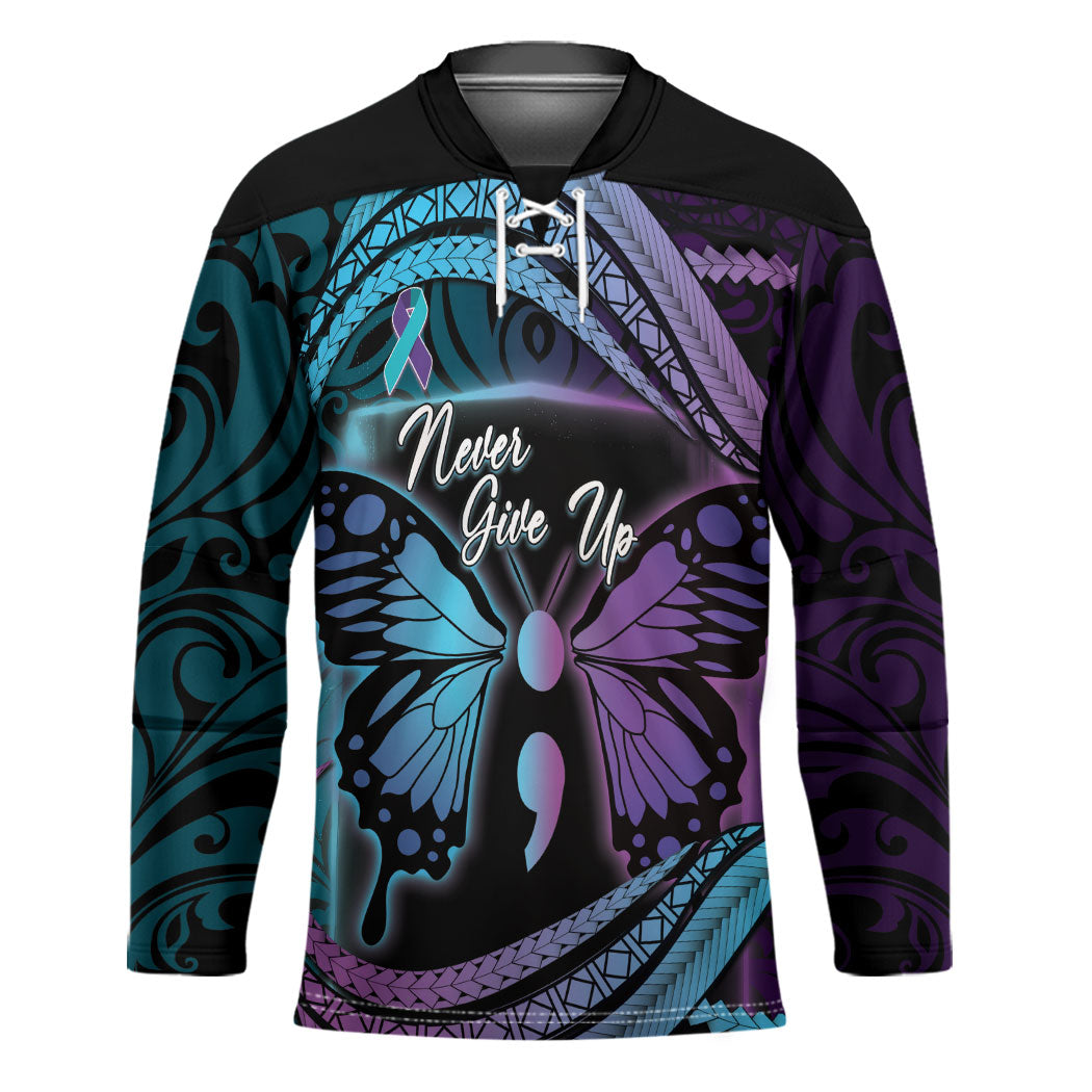 Personalised Polynesia Suicide Prevention Month Hockey Jersey Semicolon Butterfly Never Give Up Polynesian Pattern