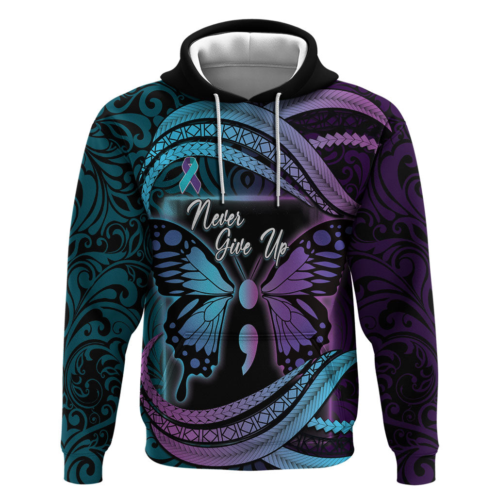 Personalised Polynesia Suicide Prevention Month Hoodie Semicolon Butterfly Never Give Up Polynesian Pattern LT22 Pullover Hoodie Teal - Polynesian Pride