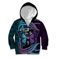 Personalised Polynesia Suicide Prevention Month Kid Hoodie Semicolon Butterfly Never Give Up Polynesian Pattern LT22 Zip Hoodie Teal - Polynesian Pride