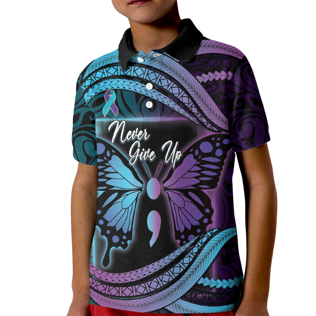 Personalised Polynesia Suicide Prevention Month Kid Polo Shirt Semicolon Butterfly Never Give Up Polynesian Pattern LT22 Kid Teal - Polynesian Pride