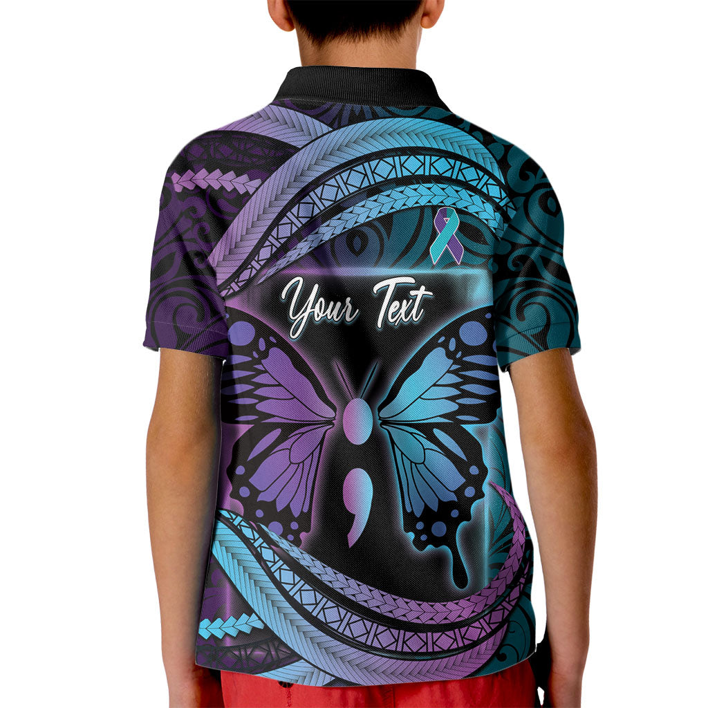 Personalised Polynesia Suicide Prevention Month Kid Polo Shirt Semicolon Butterfly Never Give Up Polynesian Pattern LT22 - Polynesian Pride