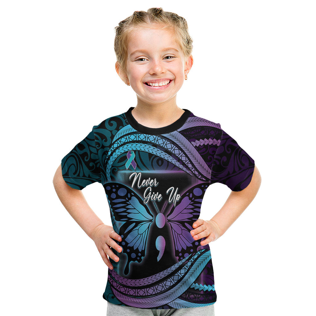 Personalised Polynesia Suicide Prevention Month Kid T Shirt Semicolon Butterfly Never Give Up Polynesian Pattern