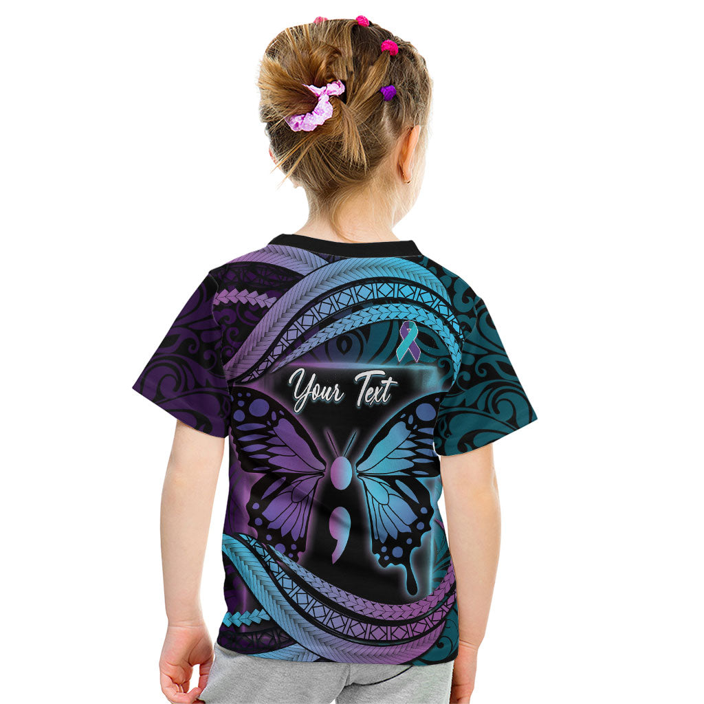 Personalised Polynesia Suicide Prevention Month Kid T Shirt Semicolon Butterfly Never Give Up Polynesian Pattern LT22 - Polynesian Pride