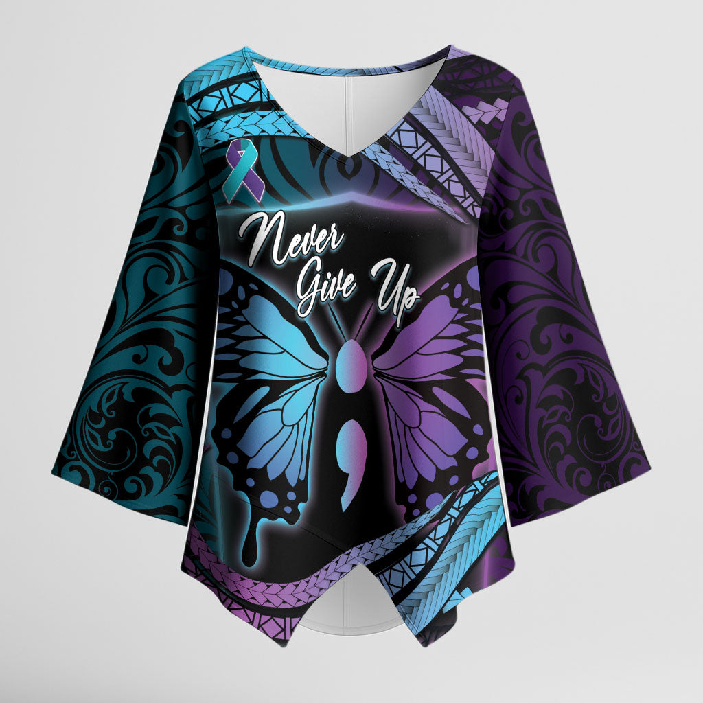 Personalised Polynesia Suicide Prevention Month Kimono Sleeve Blouse Semicolon Butterfly Never Give Up Polynesian Pattern LT22 Female Teal - Polynesian Pride