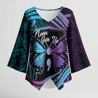Personalised Polynesia Suicide Prevention Month Kimono Sleeve Blouse Semicolon Butterfly Never Give Up Polynesian Pattern LT22 Female Teal - Polynesian Pride