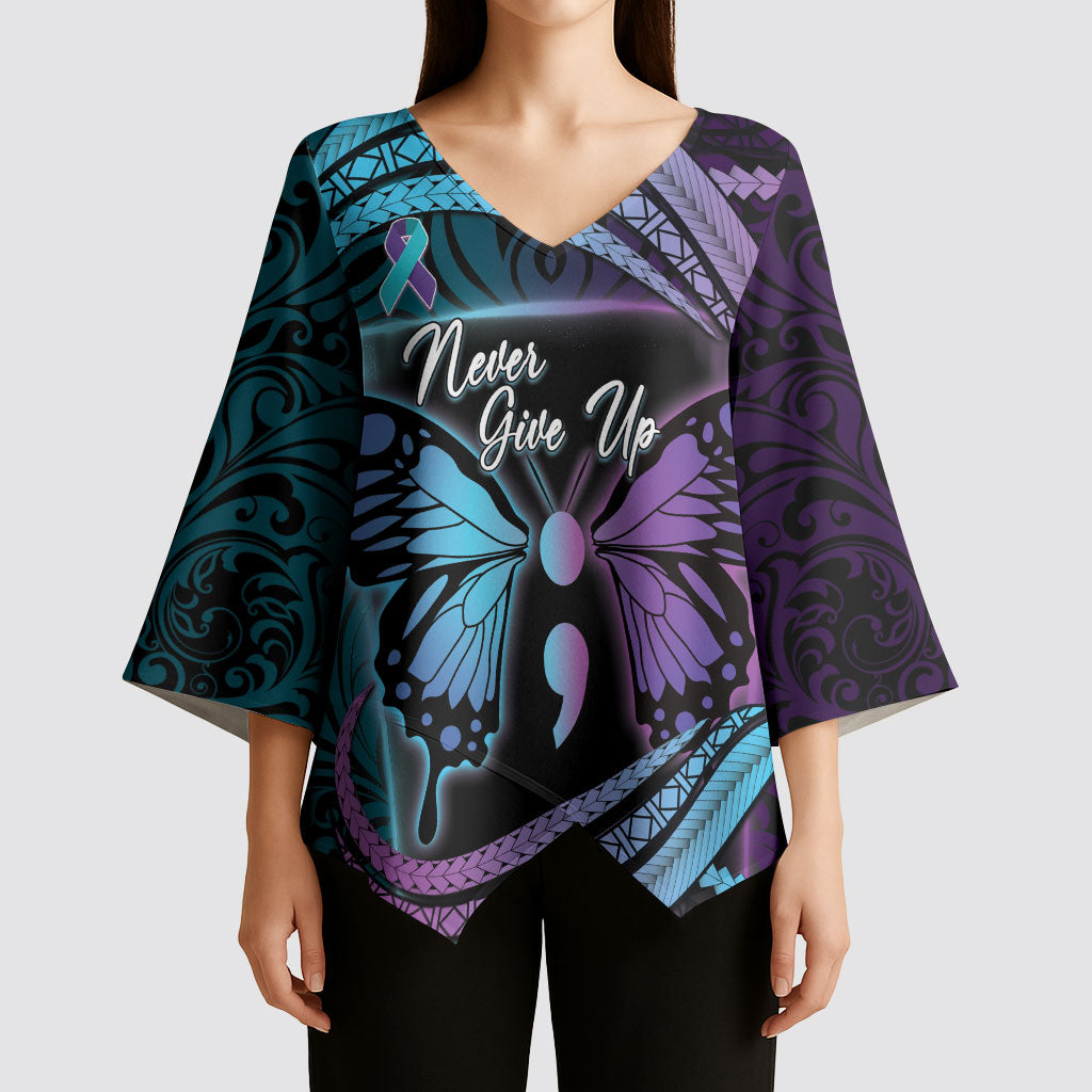 Personalised Polynesia Suicide Prevention Month Kimono Sleeve Blouse Semicolon Butterfly Never Give Up Polynesian Pattern LT22 - Polynesian Pride