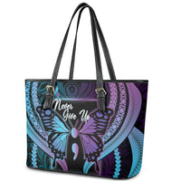 Polynesia Suicide Prevention Month Leather Tote Bag Semicolon Butterfly Never Give Up Polynesian Pattern LT22 - Polynesian Pride