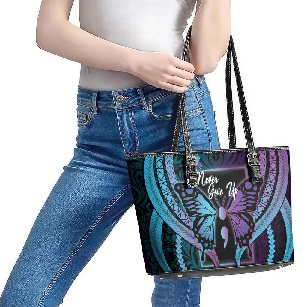 Polynesia Suicide Prevention Month Leather Tote Bag Semicolon Butterfly Never Give Up Polynesian Pattern LT22 - Polynesian Pride