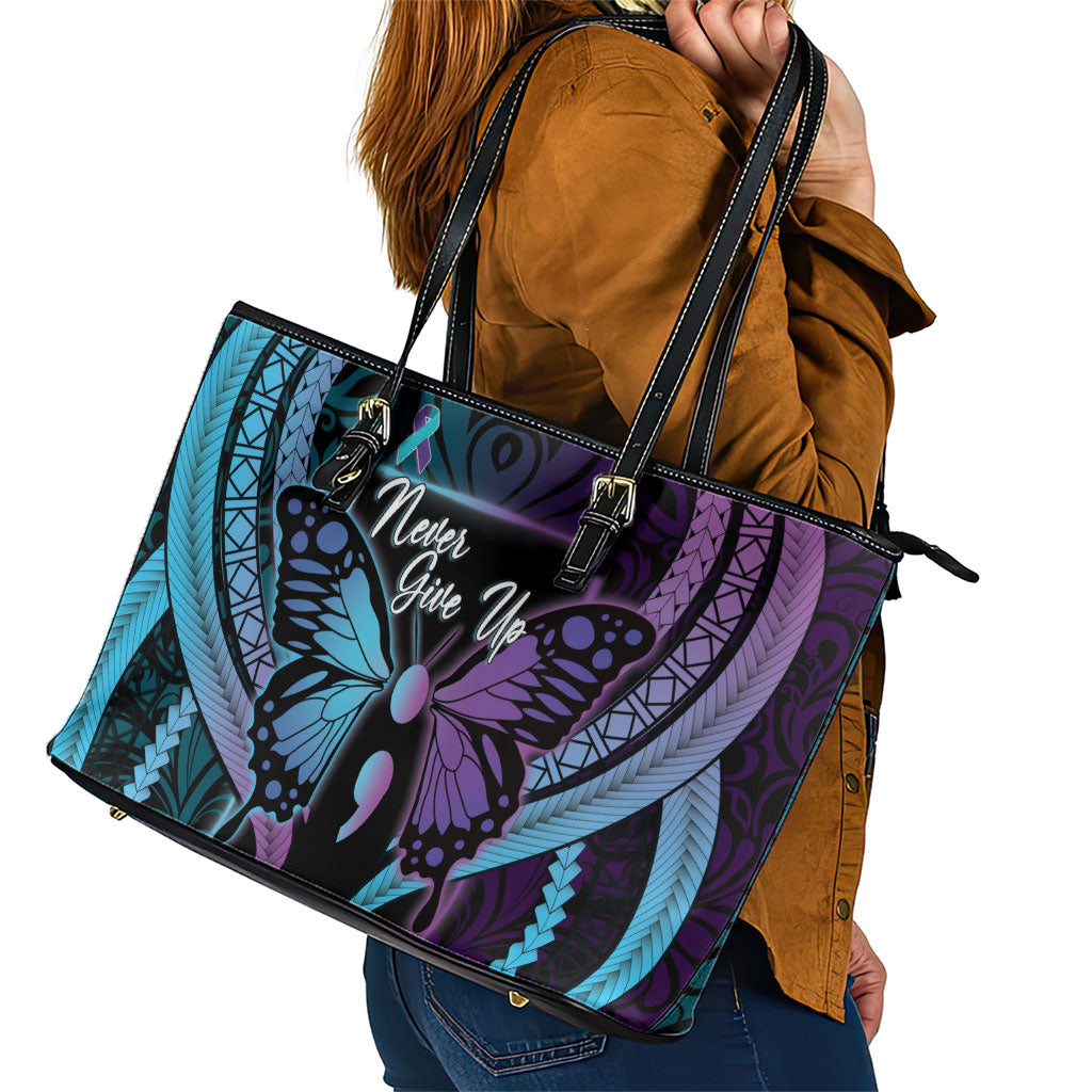 Polynesia Suicide Prevention Month Leather Tote Bag Semicolon Butterfly Never Give Up Polynesian Pattern LT22 - Polynesian Pride