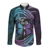 Personalised Polynesia Suicide Prevention Month Long Sleeve Button Shirt Semicolon Butterfly Never Give Up Polynesian Pattern LT22 Unisex Teal - Polynesian Pride