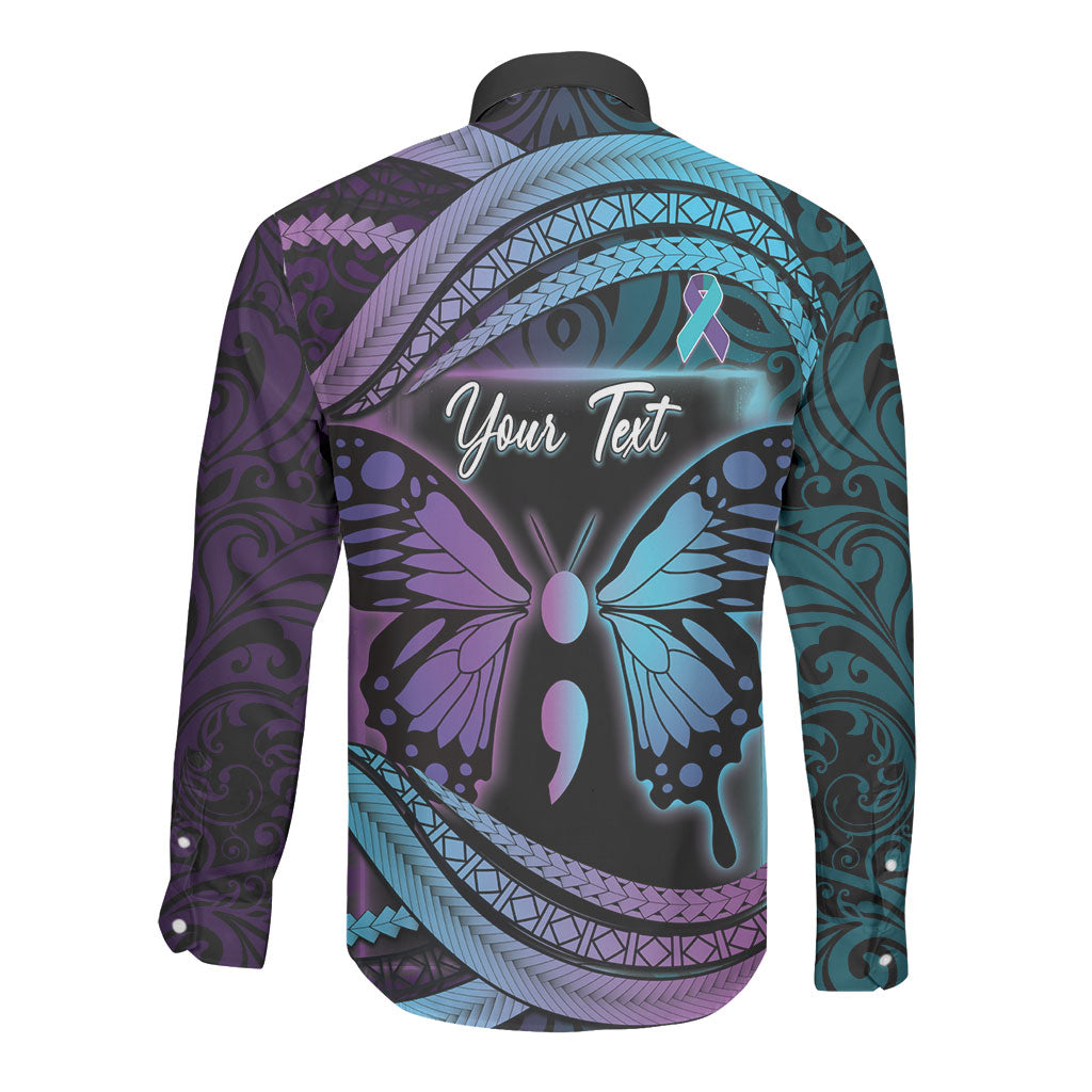 Personalised Polynesia Suicide Prevention Month Long Sleeve Button Shirt Semicolon Butterfly Never Give Up Polynesian Pattern LT22 - Polynesian Pride
