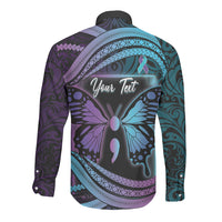 Personalised Polynesia Suicide Prevention Month Long Sleeve Button Shirt Semicolon Butterfly Never Give Up Polynesian Pattern LT22 - Polynesian Pride