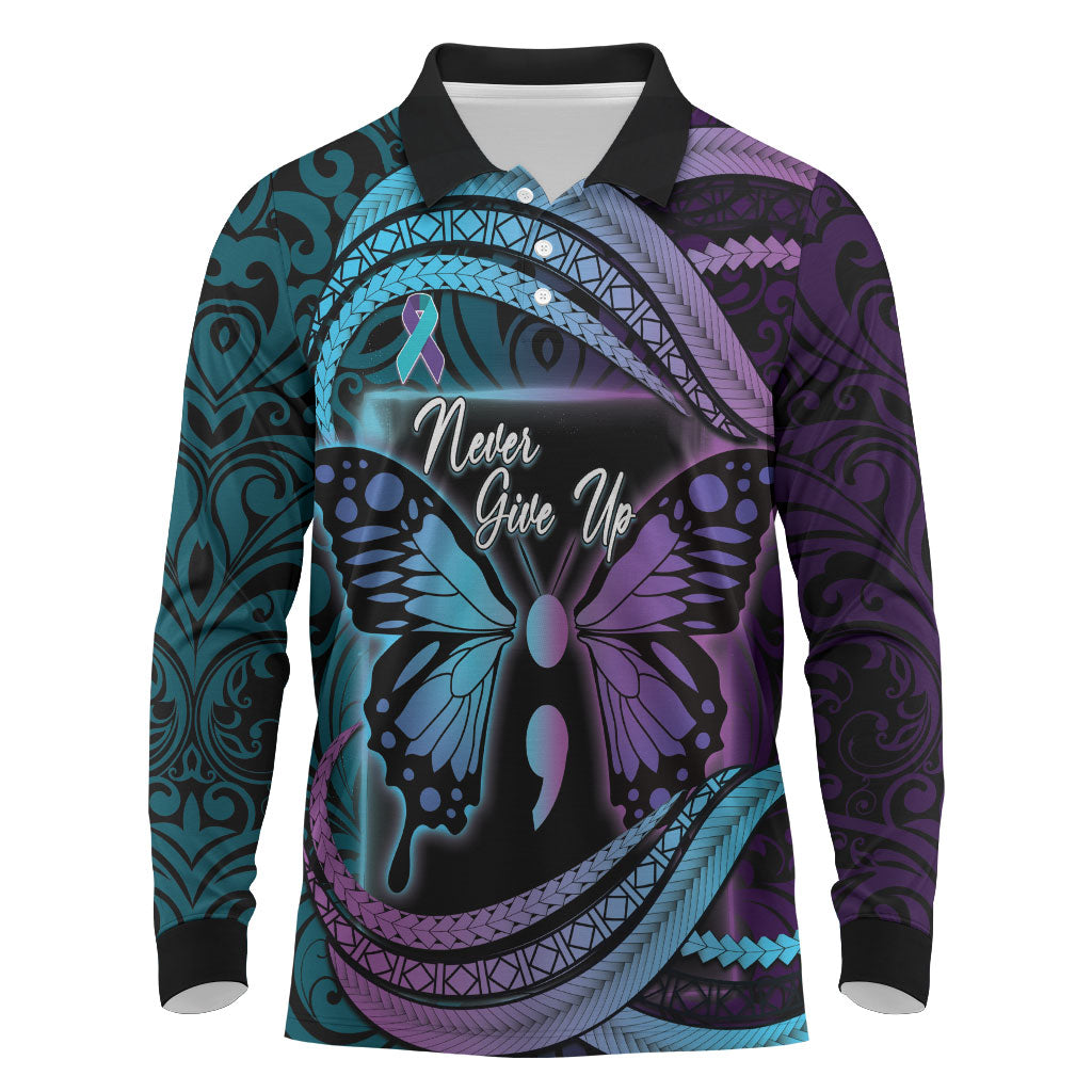 Personalised Polynesia Suicide Prevention Month Long Sleeve Polo Shirt Semicolon Butterfly Never Give Up Polynesian Pattern LT22 Teal - Polynesian Pride