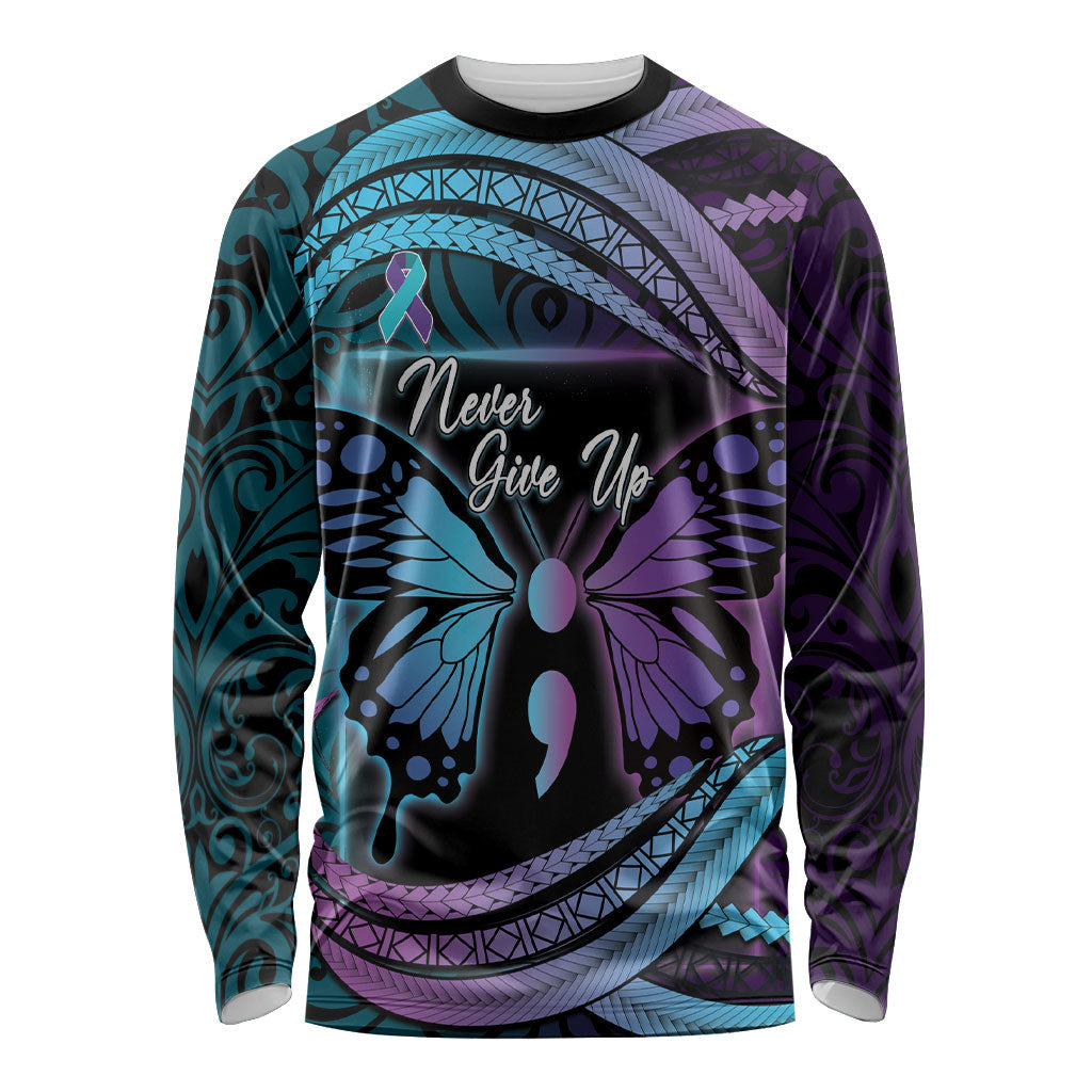 Personalised Polynesia Suicide Prevention Month Long Sleeve Shirt Semicolon Butterfly Never Give Up Polynesian Pattern LT22 Unisex Teal - Polynesian Pride