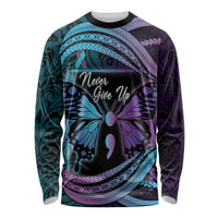Personalised Polynesia Suicide Prevention Month Long Sleeve Shirt Semicolon Butterfly Never Give Up Polynesian Pattern LT22 Unisex Teal - Polynesian Pride