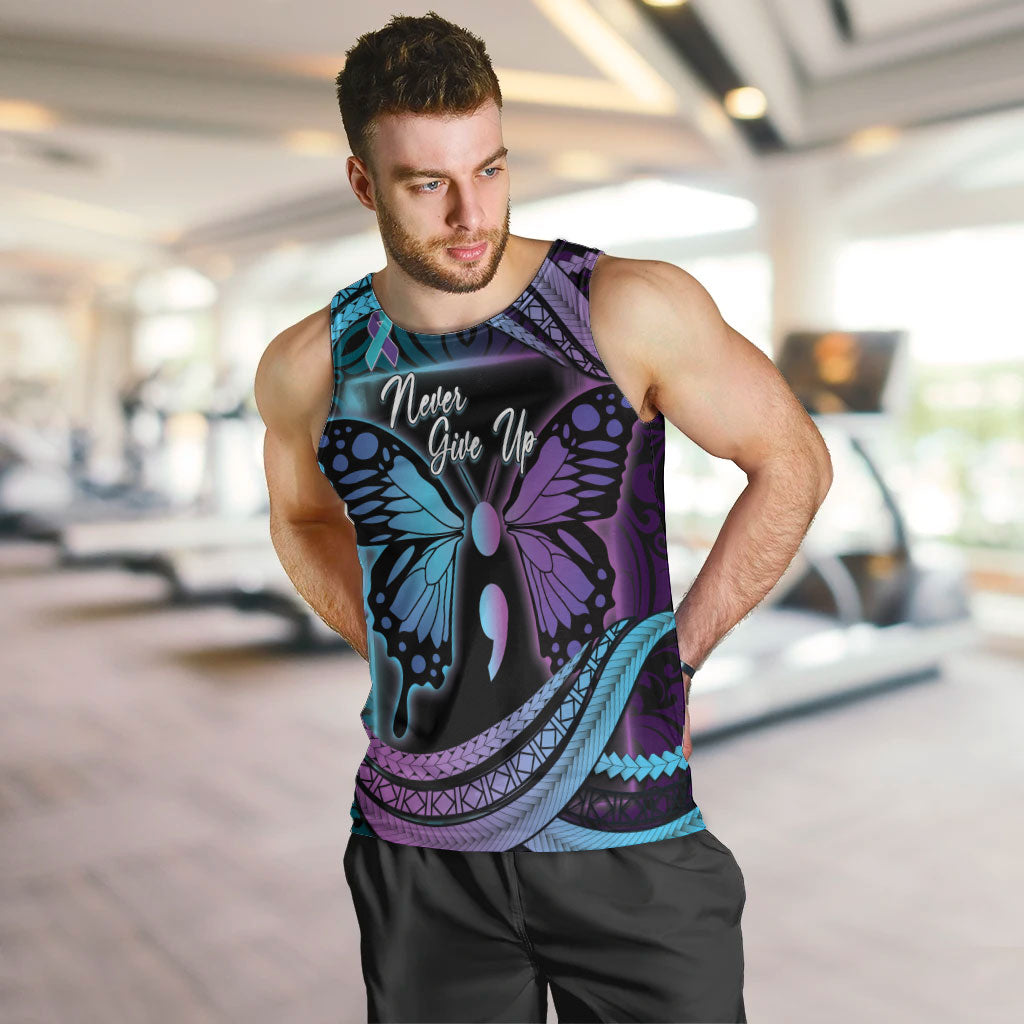 Personalised Polynesia Suicide Prevention Month Men Tank Top Semicolon Butterfly Never Give Up Polynesian Pattern LT22 Teal - Polynesian Pride