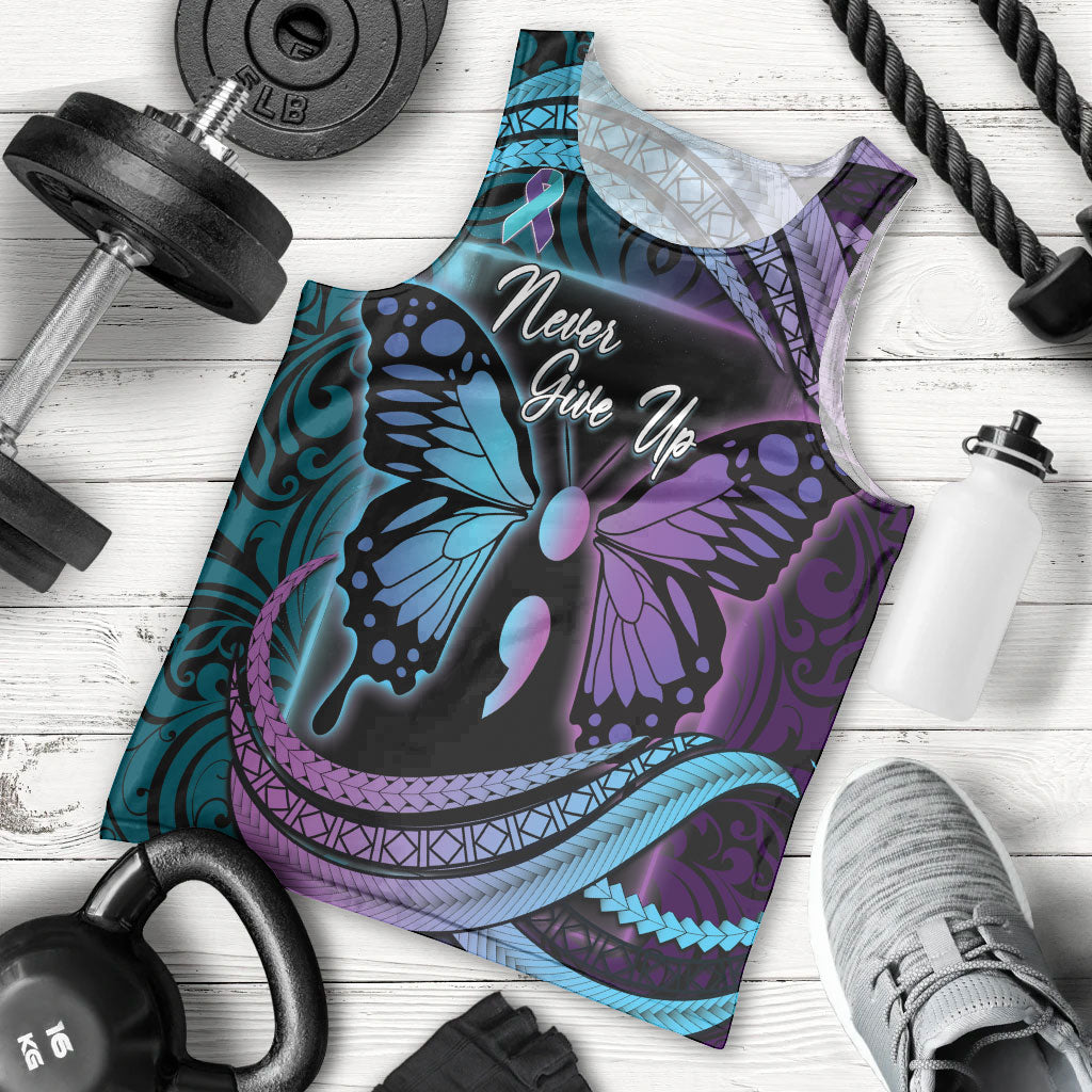Personalised Polynesia Suicide Prevention Month Men Tank Top Semicolon Butterfly Never Give Up Polynesian Pattern LT22 - Polynesian Pride