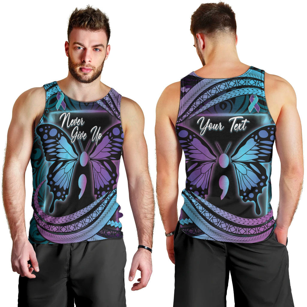 Personalised Polynesia Suicide Prevention Month Men Tank Top Semicolon Butterfly Never Give Up Polynesian Pattern LT22 - Polynesian Pride