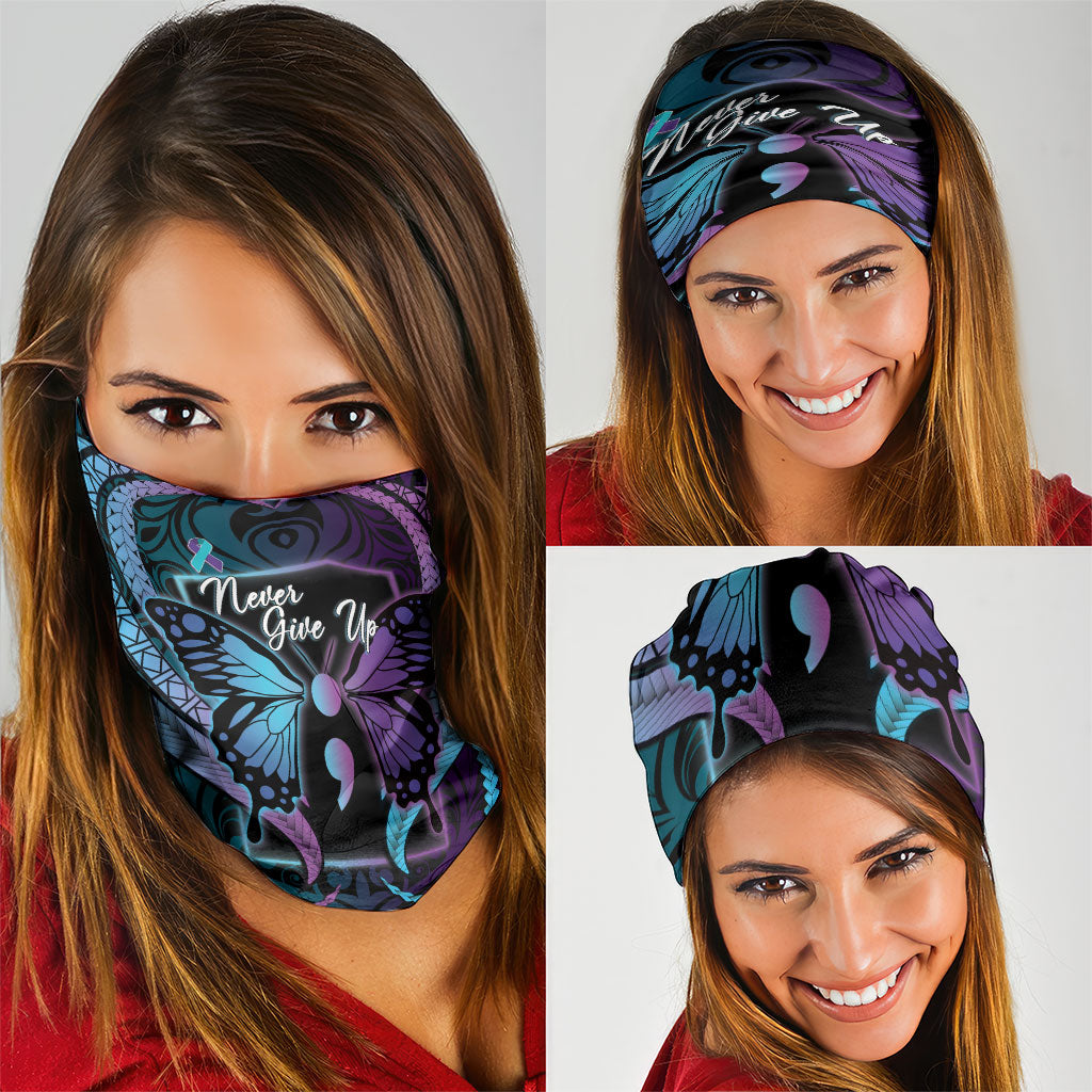 Polynesia Suicide Prevention Month Neck Gaiter Semicolon Butterfly Never Give Up Polynesian Pattern LT22 - Polynesian Pride