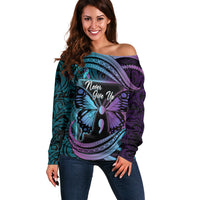 Personalised Polynesia Suicide Prevention Month Off Shoulder Sweater Semicolon Butterfly Never Give Up Polynesian Pattern LT22 Women Teal - Polynesian Pride