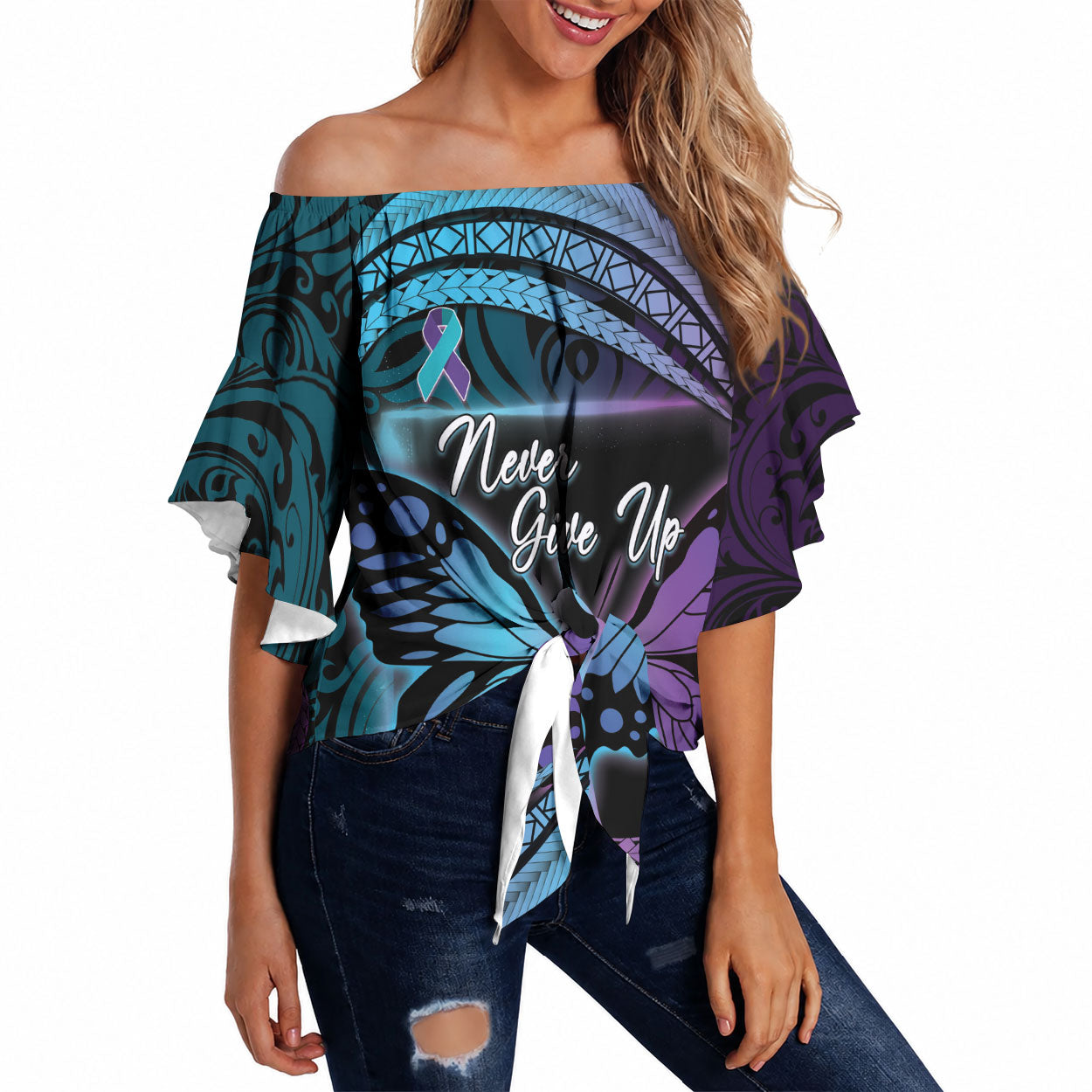 Personalised Polynesia Suicide Prevention Month Off Shoulder Wrap Waist Top Semicolon Butterfly Never Give Up Polynesian Pattern LT22 Teal - Polynesian Pride