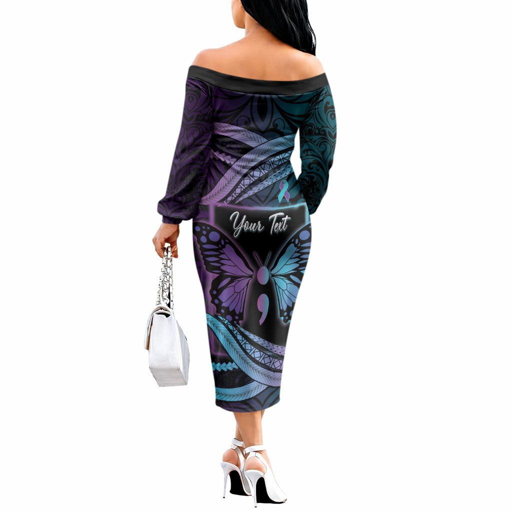 Personalised Polynesia Suicide Prevention Month Off The Shoulder Long Sleeve Dress Semicolon Butterfly Never Give Up Polynesian Pattern LT22 - Polynesian Pride
