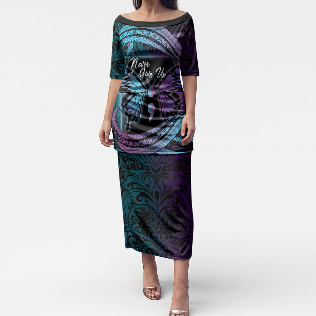 Personalised Polynesia Suicide Prevention Month Puletasi Semicolon Butterfly Never Give Up Polynesian Pattern LT22 Long Dress Teal - Polynesian Pride