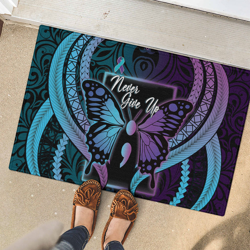 Polynesia Suicide Prevention Month Rubber Doormat Semicolon Butterfly Never Give Up Polynesian Pattern LT22 - Polynesian Pride
