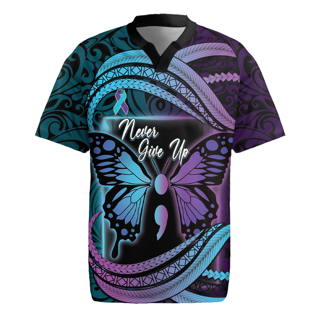 Personalised Polynesia Suicide Prevention Month Rugby Jersey Semicolon Butterfly Never Give Up Polynesian Pattern LT22 Teal - Polynesian Pride
