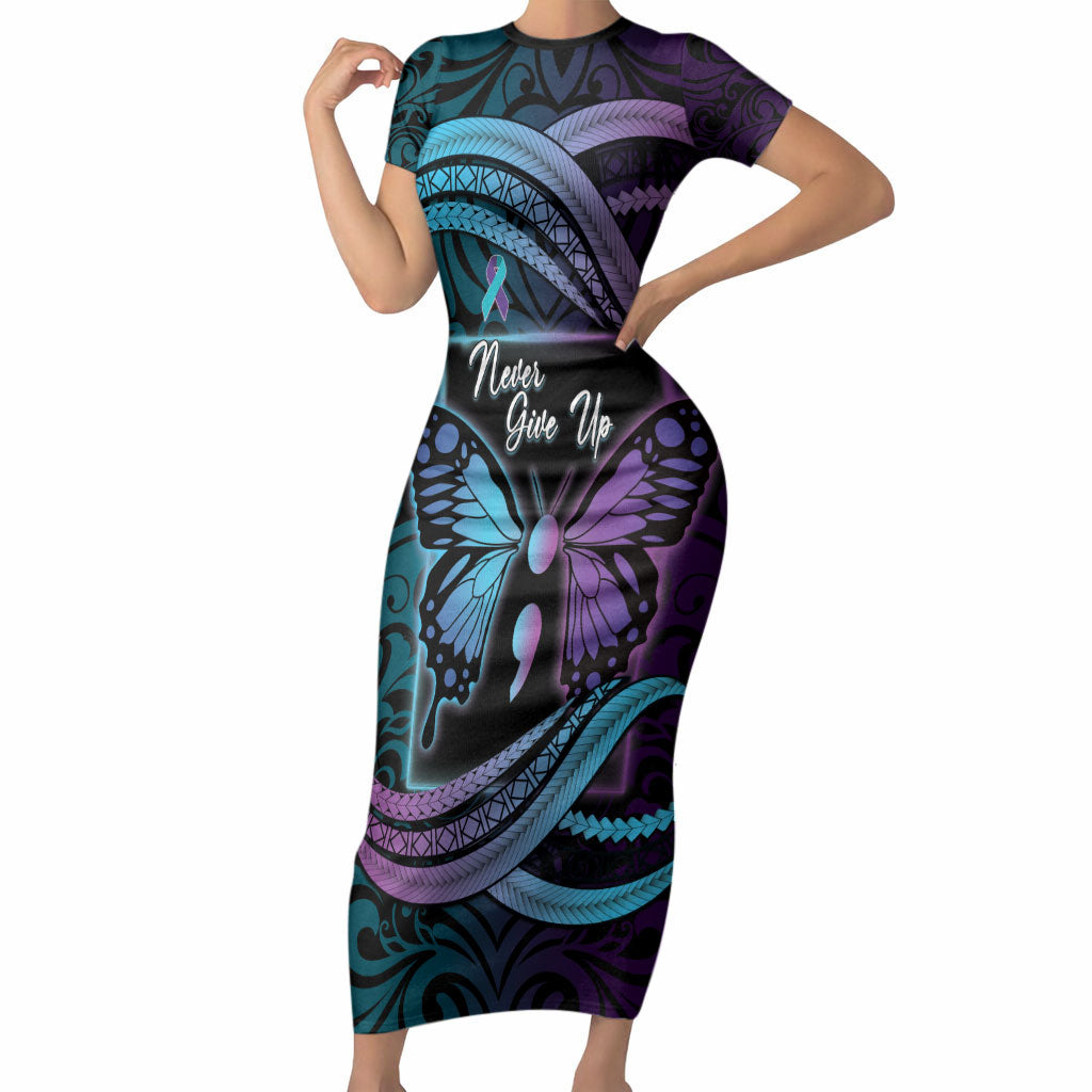 Personalised Polynesia Suicide Prevention Month Short Sleeve Bodycon Dress Semicolon Butterfly Never Give Up Polynesian Pattern LT22 Long Dress Teal - Polynesian Pride
