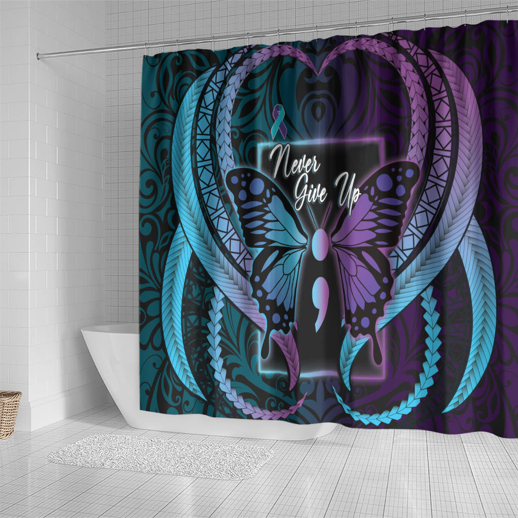 Polynesia Suicide Prevention Month Shower Curtain Semicolon Butterfly Never Give Up Polynesian Pattern LT22 - Polynesian Pride