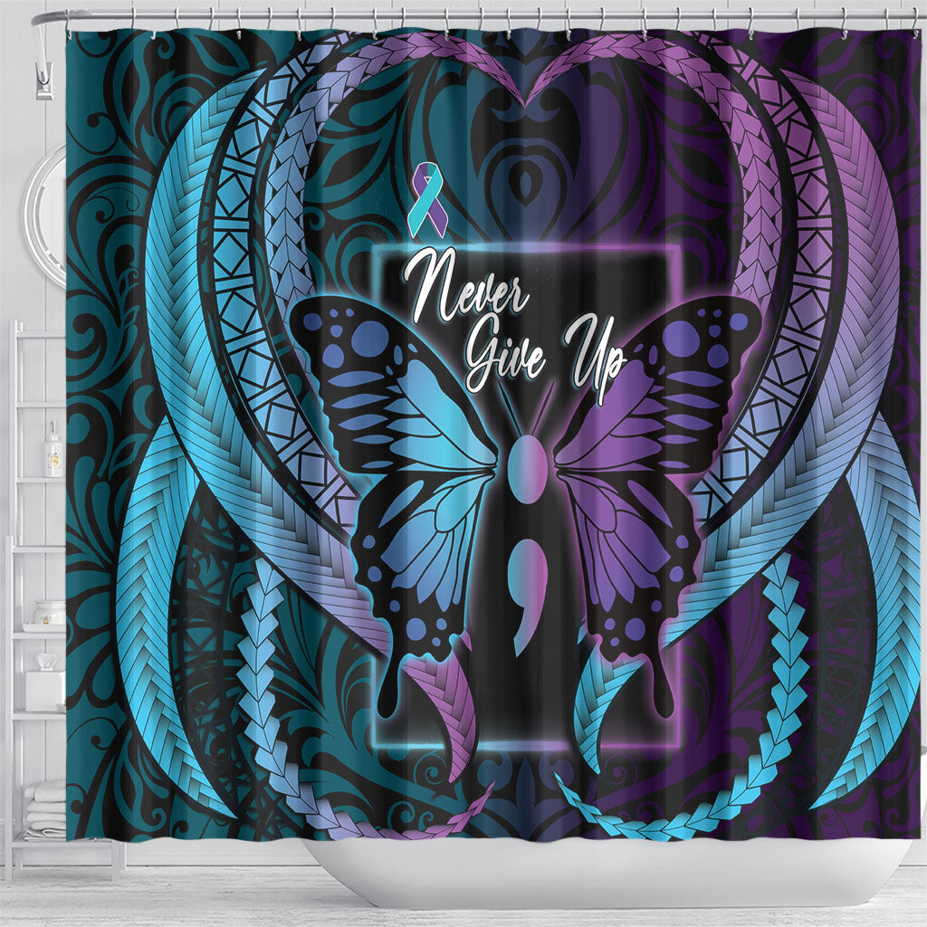 Polynesia Suicide Prevention Month Shower Curtain Semicolon Butterfly Never Give Up Polynesian Pattern LT22 - Polynesian Pride