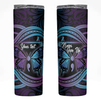 Personalised Polynesia Suicide Prevention Month Skinny Tumbler Semicolon Butterfly Never Give Up Polynesian Pattern LT22 Teal - Polynesian Pride