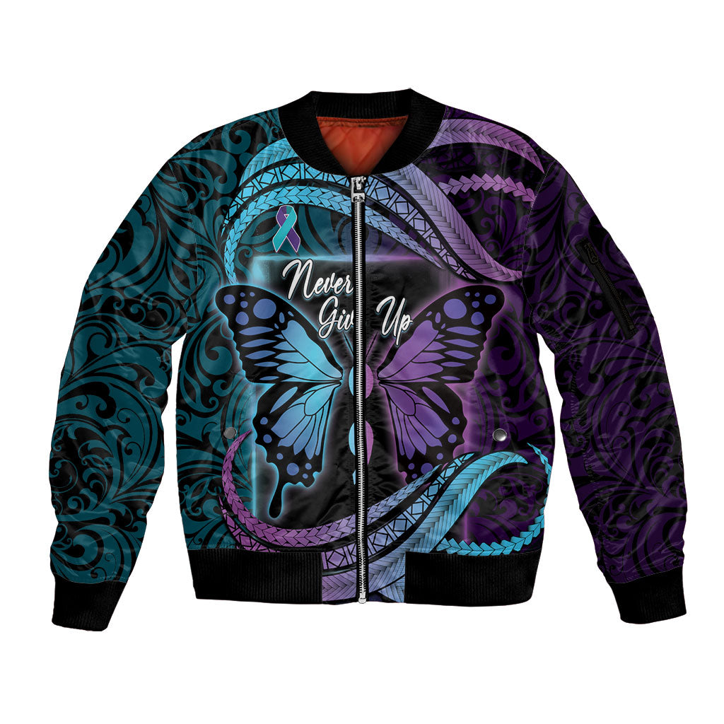 Personalised Polynesia Suicide Prevention Month Sleeve Zip Bomber Jacket Semicolon Butterfly Never Give Up Polynesian Pattern LT22 Unisex Teal - Polynesian Pride