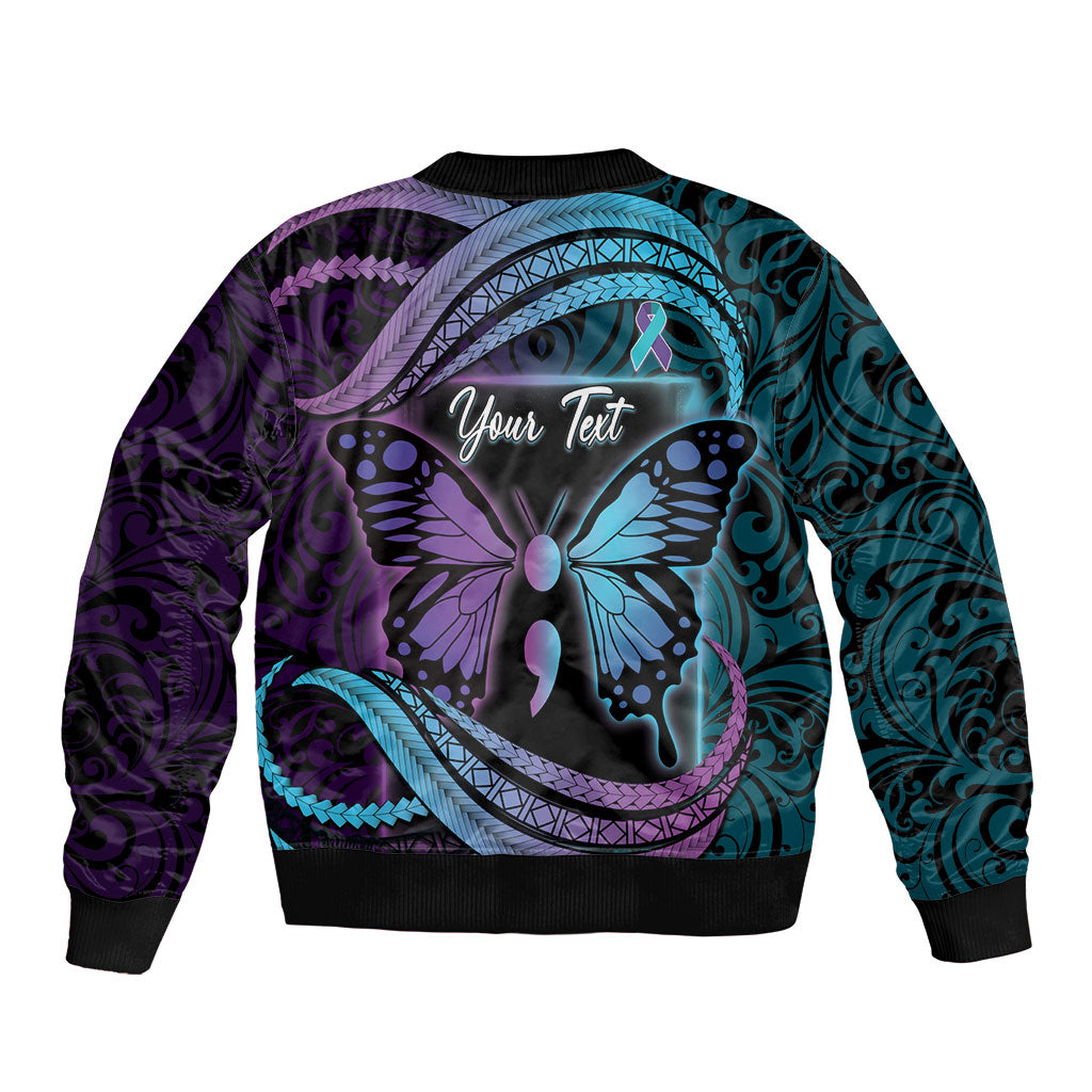 Personalised Polynesia Suicide Prevention Month Sleeve Zip Bomber Jacket Semicolon Butterfly Never Give Up Polynesian Pattern LT22 - Polynesian Pride