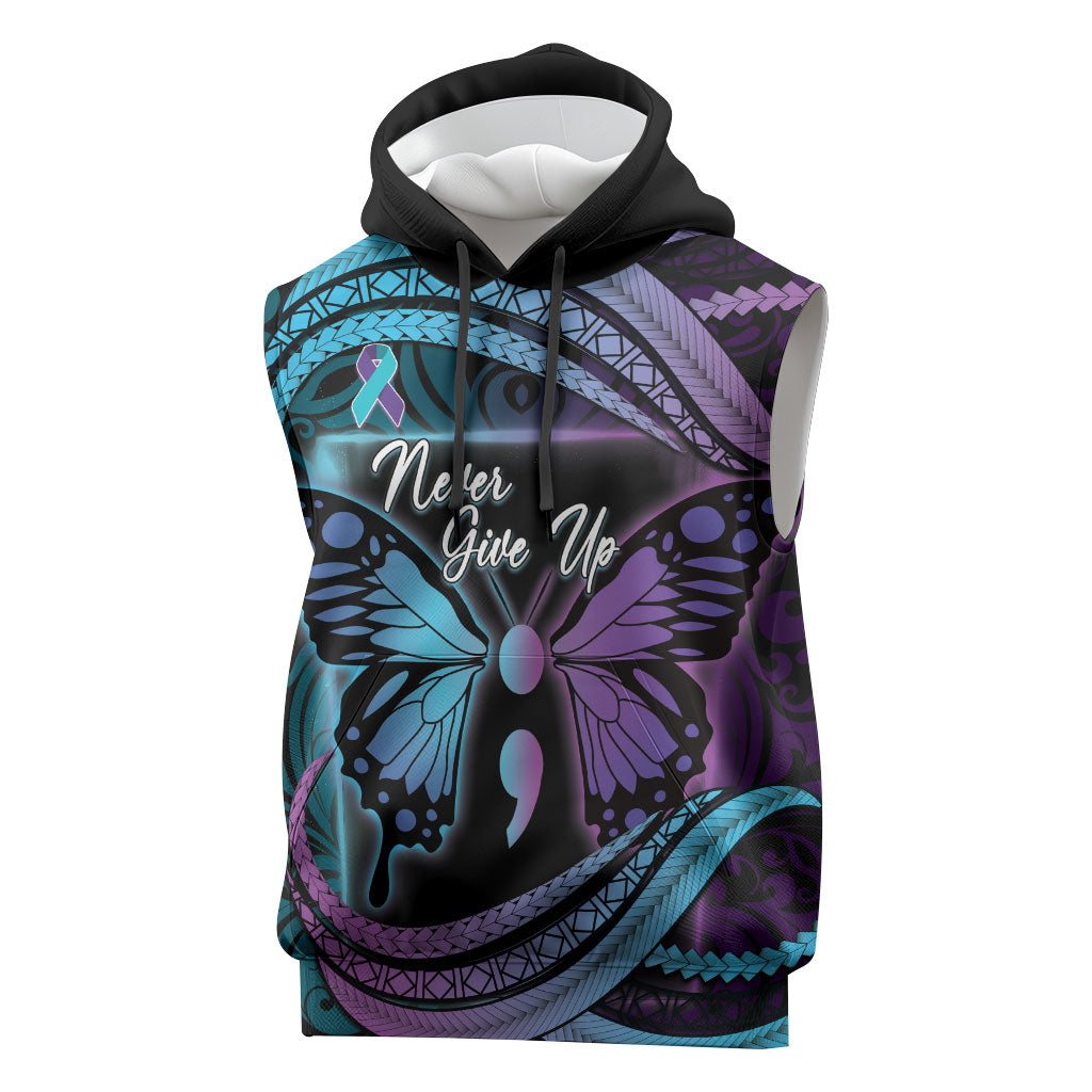 Personalised Polynesia Suicide Prevention Month Sleeveless Hoodie Semicolon Butterfly Never Give Up Polynesian Pattern LT22 Teal - Polynesian Pride